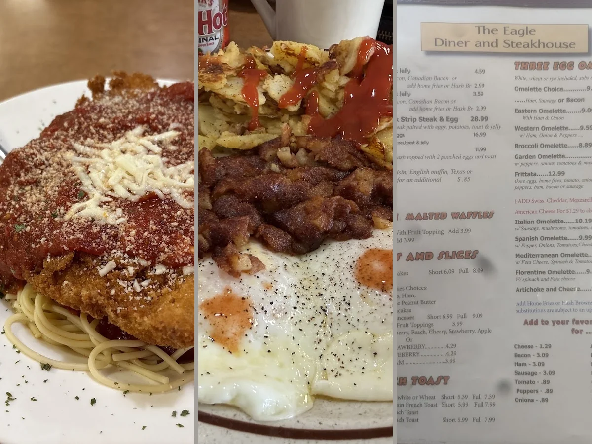 Printed menus and daily specials boards.